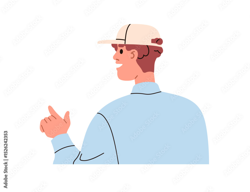 Poster Man talking and pointing, showing with finger, back view. Smiling male character from behind, gesturing with hand, speaking, asking, explaining. Flat vector illustration isolated on white background