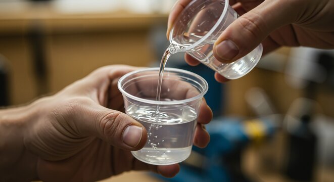 Close up of hands carefully pouring clear epoxy resin between two small plastic cups. DIY craft project preparation in a workshop, mixing liquid material for art or repair.