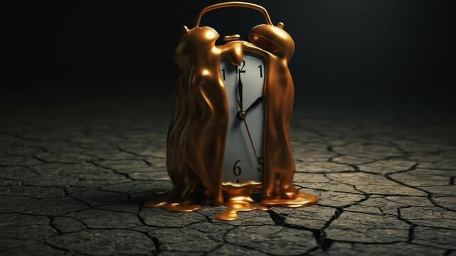 A surreal golden melting clock on cracked earth with a dark background showing the time at twelve oclock