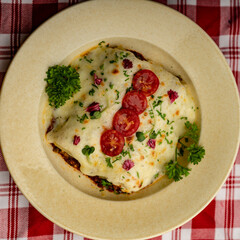 lasagna in ceramic plate with cheese on top
