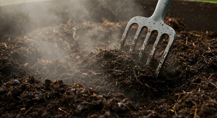 Close-up of a pitchfork turning a steaming hot compost pile, creating rich organic fertilizer for gardening and agriculture.