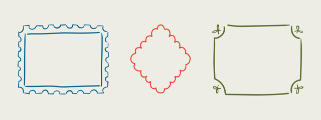Set of elegant whimsical hand-drawn pink blue orange green color frames with wavy squiggle curly ribbons in trendy, vintage styles. Perfect for quirky holiday, wedding, birthday gift decorations