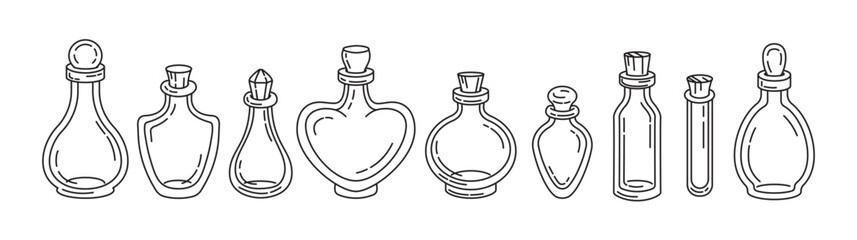 Empty potion bottle set black outline vector illustrations for planners, stickers, and fantasy DIY