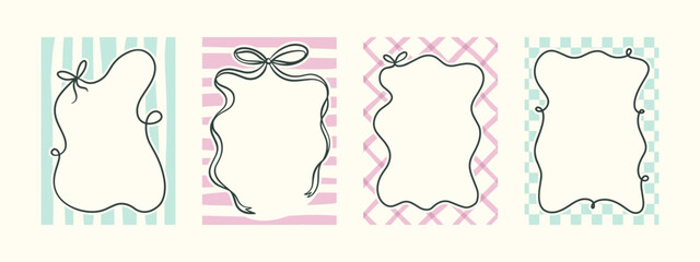 Set of spring whimsical hand-drawn pink blue orange green color frames with wavy stripes and line in trendy, vintage styles. Perfect for quirky holiday, wedding, birthday gift decorations.