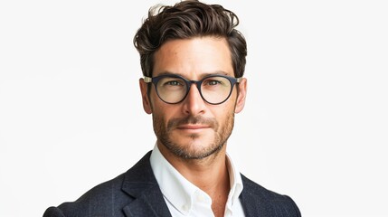 perfectly composed portrait of a businessman wearing glasses and a sleek brown suit
