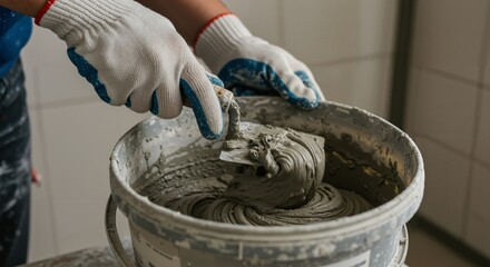 Close up of worker's gloved hands mixing grout or cement in a bucket with a trowel. Construction preparation for home renovation or repair project.