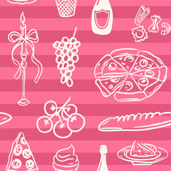 Whimsical hand-drawn italian aesthetic seamless pattern illustration in trendy vintage style. Perfect for quirky wedding holiday, dinner and bar menu, bachelorette party, birthday invitation, sign
