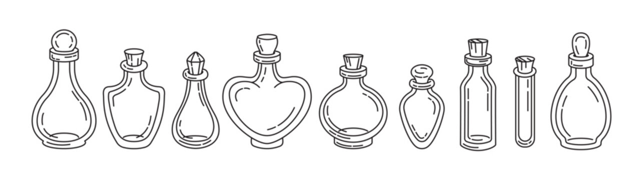 Empty potion bottle set black outline vector illustrations for planners, stickers, and fantasy DIY