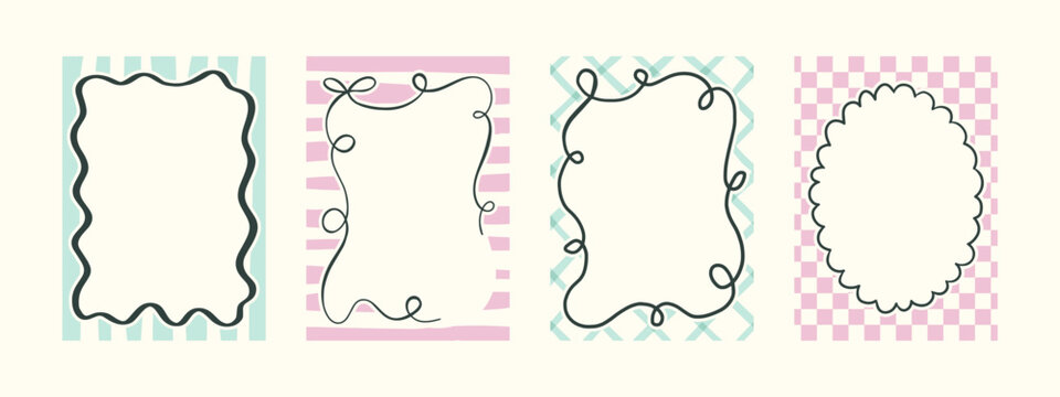 Set of spring whimsical hand-drawn pink blue orange green color frames with wavy stripes and line in trendy, vintage styles. Perfect for quirky holiday, wedding, birthday gift decorations.