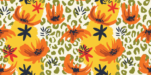 Hand Drawn animal skin and fur print seamless pattern with nature whimsical shapes, spots, dots and lines with textures. Vibrant jungle boho print. Modern exotic collage geometric vector illustration © anya