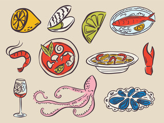 Whimsical hand drawn sea food illustrations in trendy whimsical style. Perfect doodle for quirky italian wedding holiday, poster, dinner and bar menu, bachelorette party, birthday invitation, sign