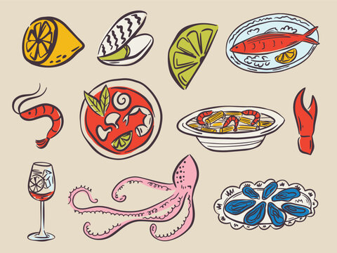 Whimsical hand drawn sea food illustrations in trendy whimsical style. Perfect doodle for quirky italian wedding holiday, poster, dinner and bar menu, bachelorette party, birthday invitation, sign