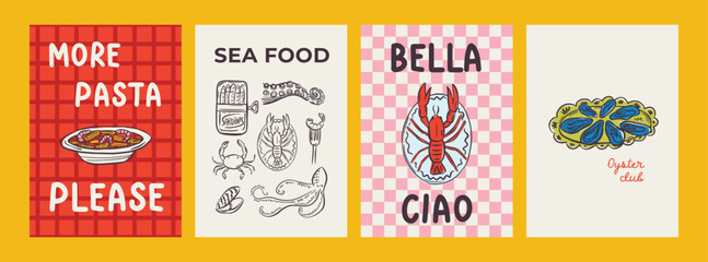 Whimsical hand drawn sea food poster and menu template in trendy whimsical style. Perfect doodle for quirky italian dinner  restaurant and cafe, kitchen wall art, poster,  party, birthday, sign