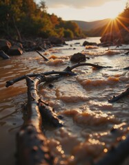 Broken dam with muddy water rushing downstream at sunset