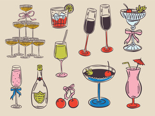 Whimsical hand drawn bar menu illustrations in trendy whimsical style. Perfect doodle for quirky italian wedding holiday, poster, dinner and bar menu, bachelorette party, birthday invitation, sign.
