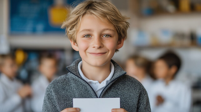 Proud schoolboy with science project award in classroom