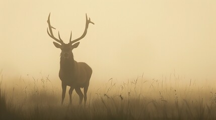 A red deer stag's silhouette emerges gracefully in the mist, creating a mysterious and enchanting scene. The mist shrouds the surroundings, adding an air of tranquility and allure