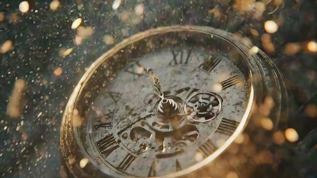 A hammer strikes and shatters an antique clock, sending sparks and debris flying through the air in dramatic motion.