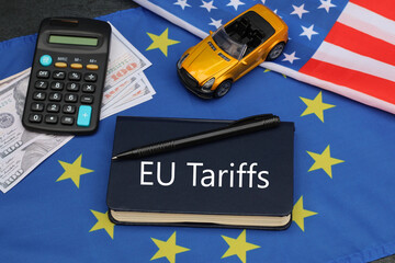 New car tariffs in America. American and European Union flags and the text  EU Tariffs.