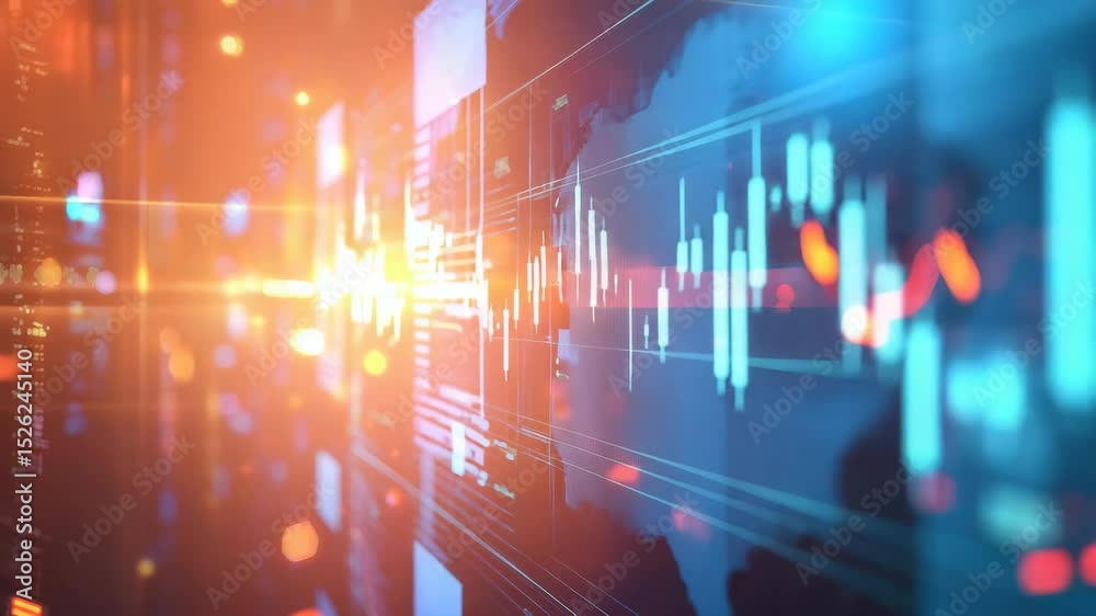 Poster A futuristic digital screen displays glowing financial charts and data visualizations with vibrant colors and sun flares.