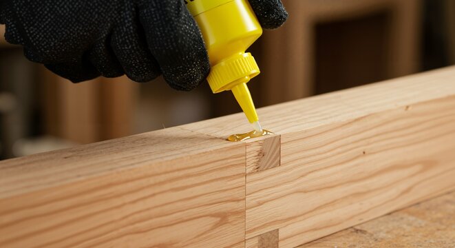 Close-up of a gloved hand applying wood glue from a yellow bottle to a mortise and tenon joint on a wooden beam during a carpentry project.