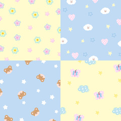 Four set of pastel background designs with butterfly, flower, cloud, star, teddy bear, heart for wallpaper, backdrop, ad template, frame, paper design, social media post, poster, sticky note, notepad