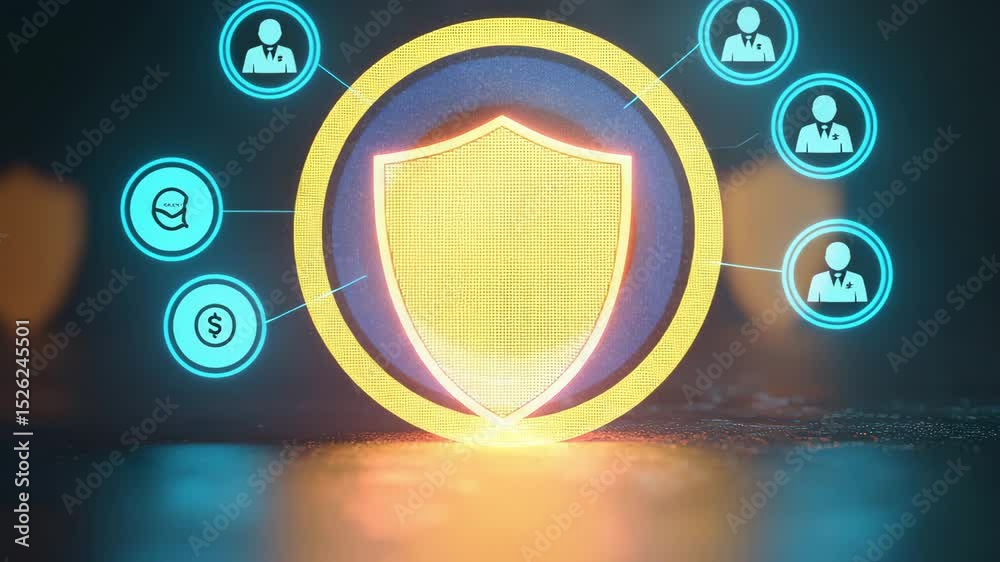 Poster a glowing, illuminated shield shape stands upright on a reflective surface in a dark environment.