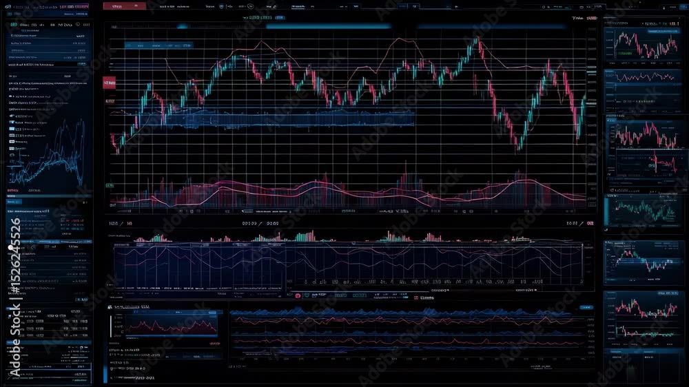 Poster A digital trading dashboard displays multiple financial charts, graphs, and technical indicators for market analysis and trading decisions.