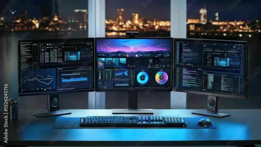 Aufkleber A high-tech workstation with three large monitors displaying coding and analytics, set against a cityscape at night.