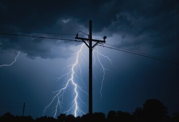 Lightning strike illuminating a utility pole during a summer storm