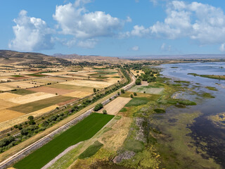 Isikli Lake meeting cultivated fields in Civril, Denizli, Turkey