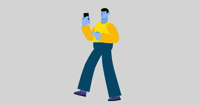 Animated man with phone walk stop short footsteps isolated. Blue body cartoon animation of businessman character male finger palm scroll gsm phone screen. Business explainer flat transparent.