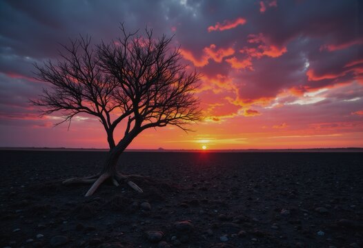 Scorched field with a lone tree silhouetted against a vibrant sunset - Powered by Adobe