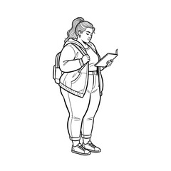Obraz premium Plus-size girl student reading notes, focused expression, casual outfit, with a backpack 