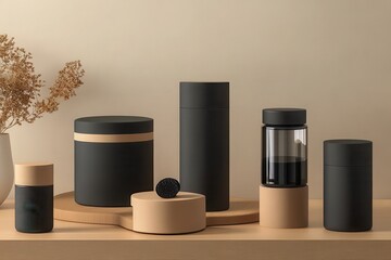 Elegant Product Mockup Featuring Black Containers and Neutral Tones for Branding