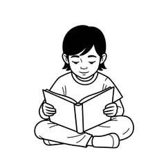 Schoolboy sitting cross-legged and reading a book with a joyful expression in a simple line art style