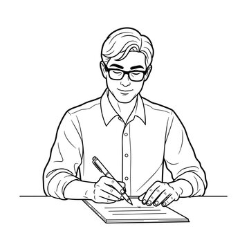 recommend clip art: Teacher writing notes with focus and professionalism in a clear line art style