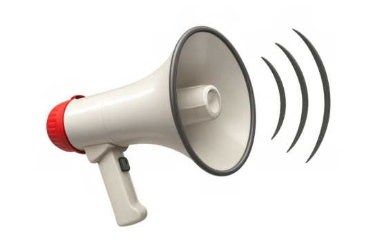 Sound waves radiating from white megaphone, representing communication and marketing messaging - Powered by Adobe
