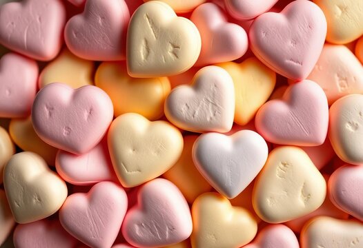 Pastel-colored conversation hearts, close-up side view, showcasing intricate details and sugary texture,  hearts,  yellow