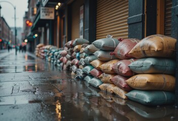 Sandbags blocking storefront during urban flood, protecting businesses from water damage