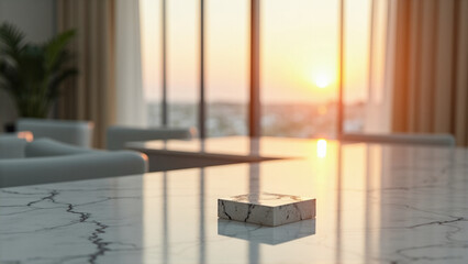Fototapeta premium Modern marble table with decorative piece at sunset in living room 