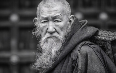 Fototapeta premium Dramatic Black and White Portrait of Bearded Elder in Hood