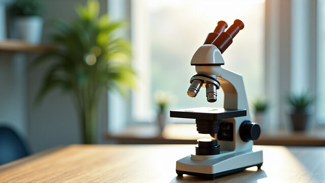 Microscope on wooden table with sunlight and greenery in background  