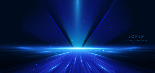 Abstract scene elegant blue light lines on dark background with lighting effect and sparkle.