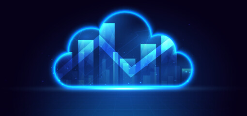 Arrow up finance chart stock market growth glowing light effect on dark blue background. Business investment concept.