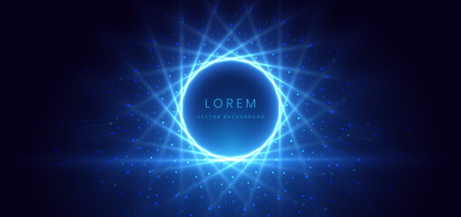 Scene glownig blue circle light with lighting effect and sparkle on dark blue background.