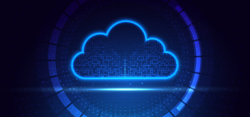 Cloud futuristic technology connected digital servers on dark blue background.