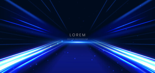 Abstract scene elegant blue light lines on dark background with lighting effect and sparkle.