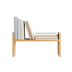 Minimal wooden bookshelf with stacked books, isolated on transparent background
