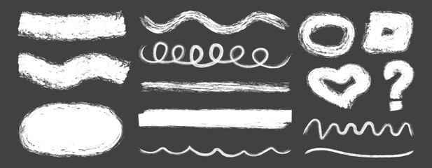 Set of chalk drawn grunge design elements abstract doodles. Chalk grunge brushes. Hand drawn grunge lines on chalkboard background can be used as art brushes. Vector illustration
